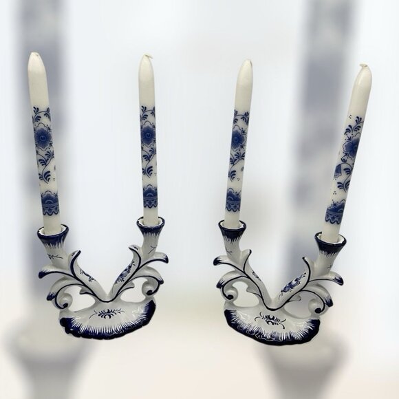 Blue and White Porcelain Double Candlestick, Set of 2, Made in Portugal w/Tapers - Picture 4 of 16